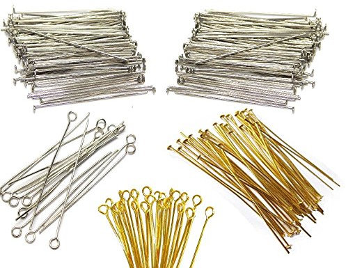 Perlin 600 Kettelstifte Nietstifte 50mm x 0,7mm Versilbert Kopfstifte und mit öse Perlenstifte Gold Silber Prismenstifte