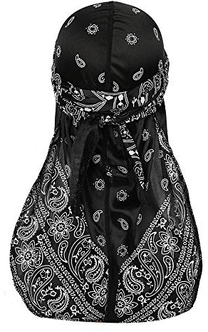 Assorted Paisley Bandana Doo rag Cap Headwraps Men's Women's Silk Durag with Long Tail and Wide Straps for 360 Waves, Black, 7 3/8