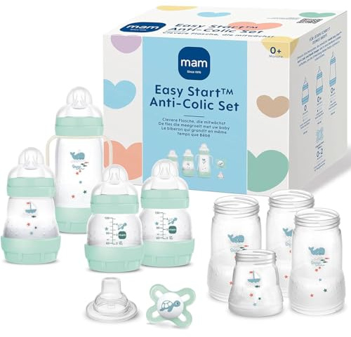 MAM Easy Start™ Anti-Colic - Set biberon, tettarella, ciuccio - la soluzione ideale per i neonati, funzione autosterilizzante, blue-creme