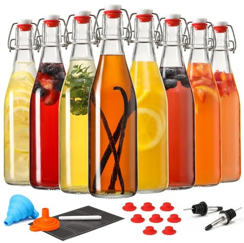 8 Set 16 OZ Swing Top Glass Bottles - Flip Top Beer Brewing Bottles with Stopper for Fermentation, Kombucha, Mead Kefir, Vanilla Extract, Juice, Tea, Wine, Soda - Airtight Cap Lids, Bonus 2 Pourers
