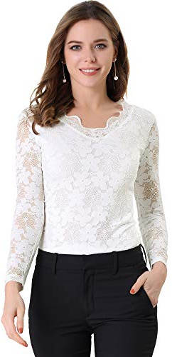 Allegra K Top de Blusa de Encaje de Manga Larga Transparente con Bordado Floral para Mujer Blanco M