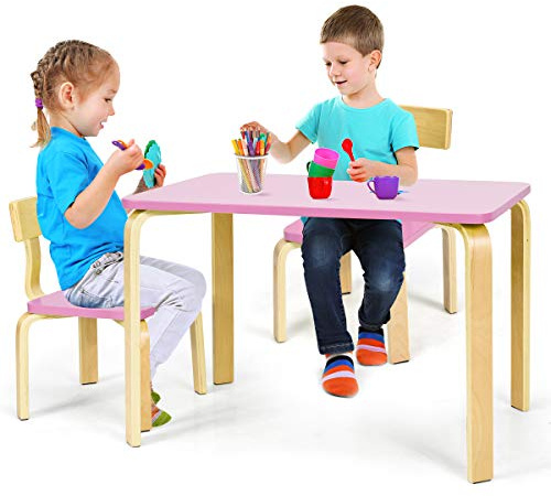 GIANTEX Juego de Mesa y 2 Sillas para Niños, Conjunto de Asientos de Madera para 3+ Años, Diseño de Esquinas Redondeadas, Muebles Infantil para Casa y Guardería (Rosa)