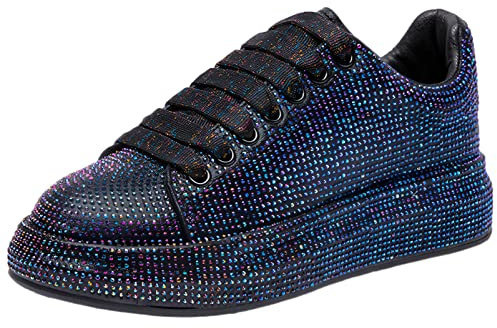 ANUFER Women's Fashion Thick Sole Sneakers Glitter Gradient Colors Rhinestones Lace-Up Casual Sports Shoes