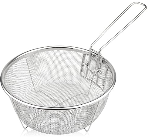 Stainless Steel Drain Basket, Multifunctional Foldable Deep Fry Basket - Round Wire Mesh French Chip Frying Serving Food Presentation Tableware with Folding Handles 32.5X19.5X8.5