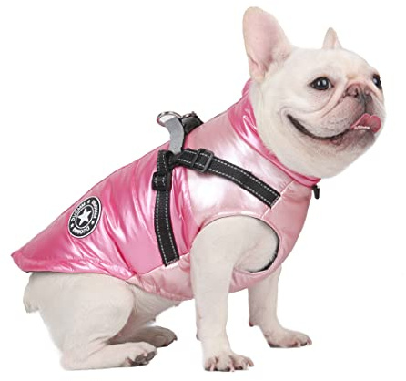 DoggieKit Dog Cat Coats Jackets Dogs Underbelly Harness attached Warm Vest Winter Reflective Cotton Outfit Clothes Safety Waterproof Pet Coat For Small Medium Large Dogs (XXL, Pink)