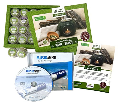 Bijos rökverk sortimentlåda Fair Trade, fylld med 20 av de mest populära rökelsen och avslappningsmusiken CD