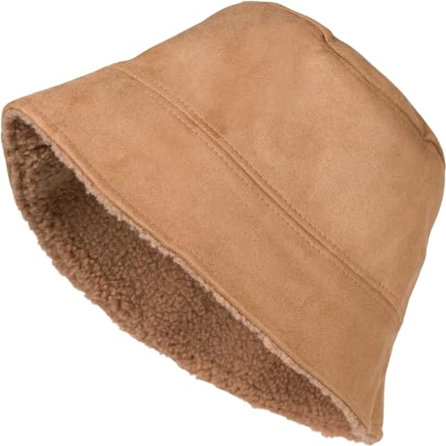 styleBREAKER Cappello da Pescatore Unisex Reversibile in Look Scamosciato/Pelliccia di Orsetto, Caldo Cappello Reversibile 2 in 1, Cappello a Secchiello Autunno Inverno 04025037, Colore:Cammello
