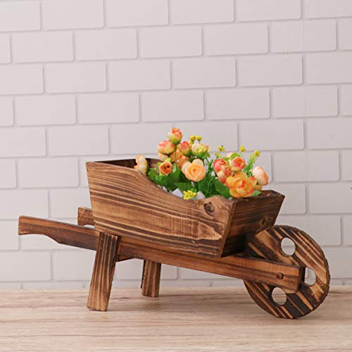OSKOE Flower Pot Wooden Cart Flower Pot Wheelbarrow Planter Wooden Wagon Planter Outdoor Garden Plant Planter Wheelbarrow Decoration Succulent Flower Pot, Medium