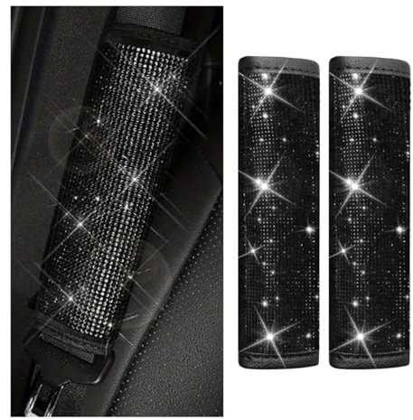 GLSOWEE 2PCS Bling Car Seat Belt Shoulder Pads, Bling Rhinestones Seat Belt Covers for Women, Car Seatbelt Strap Pad with Crystal Diamond, Car Interior Accessories for Car SUV (Black Diamond)