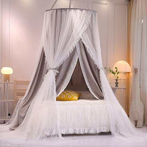 HUOQOU Baldacchino a Cupola Tonda a Doppio Strato per Principessa Tenda da Letto per Ragazze e Zanzariera da Sogno Decorazione Carina per Camera da Letto Castello da Gioco Angolo Lettura(Grigio/Bianco