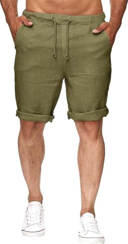 Runcati Pantaloncini corti da uomo in lino, leggeri, estivi, con elastico, per il tempo libero, con 2 tasche, verde, XL