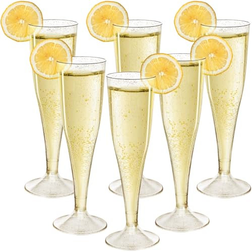 Mispudin 30 copas de plástico Prosecco, copas de champán de 130 ml, reutilizables con purpurina dorada, elegantes copas de vino transparentes para bodas, fiestas en el jardín, cumpleaños, Navidad