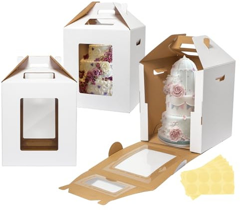 Wowxyz 3 Pack Tall Cake Boxes for Tier Cakes 14x14x16 Inch Disposable Layer Tall Baking Carrier with Window Large Tierd Bakery Take Out Transport Containers with Handle for Wedding, Birthday, Party