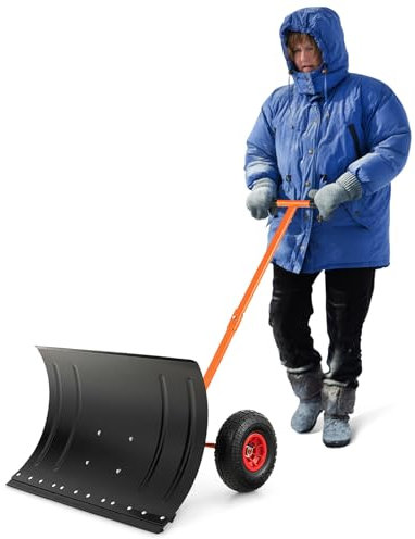 29 snöskyffel med hjul, snöskyffel med avtagbar rengöringsremsa, justerbart handtag och stora hjul för ökad manövrerbarhet, lätt skjutbar snöplog