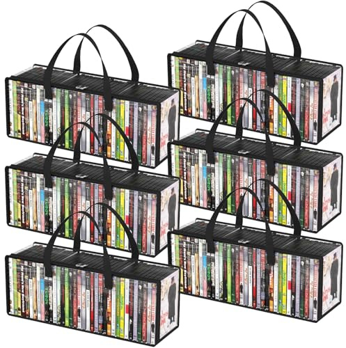 Lifewit DVD Storage Bags, Clear PVC DVD Case Holder with Handles, Front Window Zipper Design, Stackable Media Organizer for Blu Ray Disc, Movie Cases, VHS Box, Hold 210 Pcs DVDs (35 Each), 6 Pack