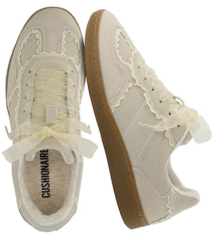 CUSHIONAIRE Belinda Women’s Lace Detail Casual Sneakers – Elegant Ribbon Lace-Up Summer Shoes for Women with Memory Foam, IVORY 9