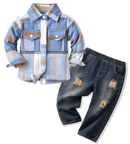 Volunboy Baby Boy Clothing Sets, Long Sleeve Flannel Shirts + Blue Ripped Jeans 2PCS Fall Winter Casual Outfits(Blue Plaid,4-5 Years,Tag Size 120)