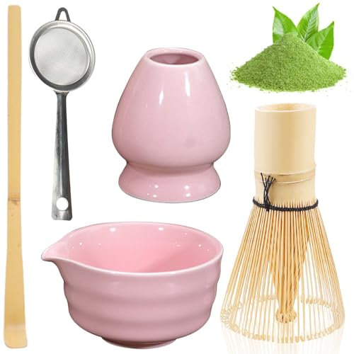 BAIFULAI Juego de té Matcha, 5 piezas Matcha, juego de batidores de cerámica, juego de té japonés, cuenco para matcha, portabatidores, colador, accesorios japoneses para ceremonia matcha (rosa)
