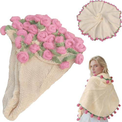 YMXZNB Fertige Gehäkelte Rosenstrauß Blumendecke, Handgefertigte Crochet Bouquet Sofadecke, Romantische Rosendecke, Flower Blanket Blumenstrauß für Hochzeit, Geburtstag, Muttertag