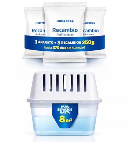HUMYDRY - Aparato Compact 250g – Deshumidificador Antihumedad con 3 Recambios – Absorbe la Humedad sin Electricidad – Compatible con Recambios HUMYDRY 250g – Hasta 8 m²