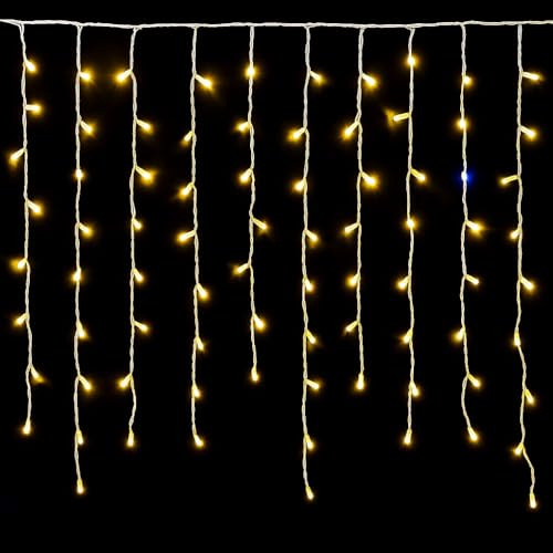 IXTRIMA Tenda Luminosa 120 LED, 3Mt, Luce Giallo, Cavo Bianco, IP65, Prolungabile, Effetto Flash, Con fili pendenti a lunghezze alternate (30–70–40–60 cm) per effetto a cascata