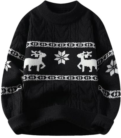 RUMAOZIA - Pull de Noël pour homme - Pull norvégien en tricot chaud pour Noël - Sweat-shirt à motif de Noël - Pull en polaire chaud pour homme, Noir , L