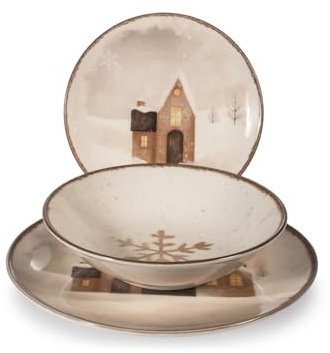 H&H, Cinnamon Glow Lot de 18 assiettes en Stoneware avec décoration de maisons nordiques, parfait pour Noël et les occasions spéciales d'hiver