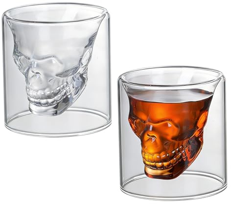 Tbintul 2 Pezzi Bicchieri da Rum,Tazzine Caffè Vetro Doppia Parete Borosilicato,Bicchieri Amaro Vetro Doppia Parete,Tazze Da Caffè a Forma Di Cranio per Vino Vodka Feste Domestico (250ml)