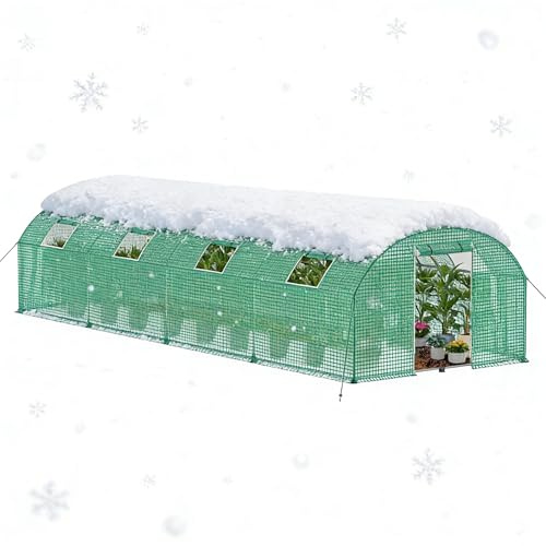 PEILU 24㎡ Frostskydd, trädgårdsväxthus av stål, ram, 3 x 8 x 2 m, HDPE-folieväxthus med 8 insektsgaller, fönster och dörr, gångbart växthus, trädgård, övervintringstält för växter
