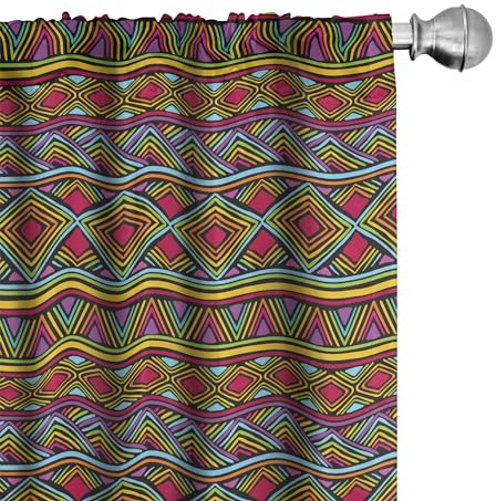 Ambesonne African Window Curtains, Colorful Diamond Motifs with Angled Lines Lively Palette Geometric Borders, Lightweight Decorative Panels Set of 2 with Rod Pocket, 56 x 84, Red Yellow