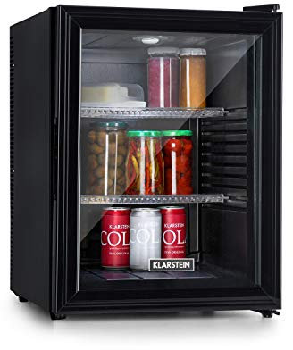 KLARSTEIN Nevera Pequeña Portatil Puerta de Cristal, Mini Nevera Silenciosa para Casa y Oficina, Frigorificos Pequeños para Refrescos, Cervezas, Estantes Extraíbles, Minibar 12-18°C, 42 l.