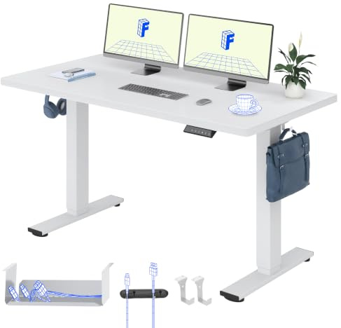 FLEXISPOT Höhenverstellbarer Schreibtisch 140×80cm, mit Haken und 25mm EINTEILIGER Tischplatte, ergonomischer Schreibtisch mit LED-Höhenanzeige und Memory-Funktion (Weiß, Weiß)