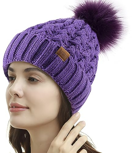 REDESS - Gorro de Invierno con pompón para Mujer, Gorros cálidos con Forro Polar, Gorro Cruzado de Punto de Nieve Holgado Grueso para Damas