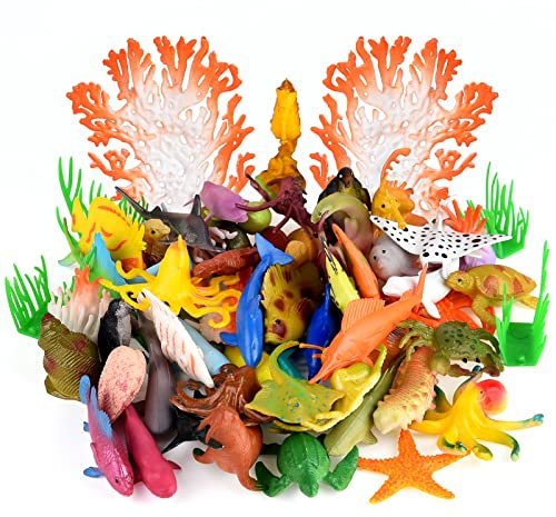 PLULON 60Pcs Mini Kunststoff Tierspielzeug, Meerestierfiguren Spielzeug, Meeresbewohner Tierspielzeug Tropische Fische Tiere Cupcake Topper für Geburtstagsfeier Dekorationen