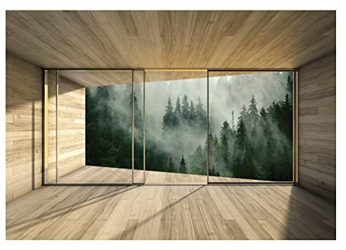 Vlies Fototapete Fensterblick Wald Nebel Natur Ausblick 3D Effekt Wohnzimmer Schlafzimmer Modern Motivtapeten Wandtapete Tapete Vliestapete Montagefertig (368x254 cm - 4 Bahnen)