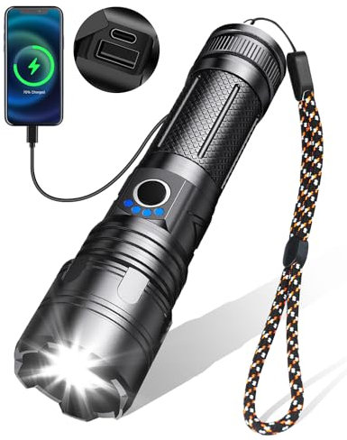 Rumicet 10000LM Torcia LED Potente Professionale, Type C Ricaricabile Torce Led Alta Potenza, 3000mAh Torcia Militare Ricaricabile 5 Modalità, IPX5 Impermeabile, Zoomabile per Campeggio, Emergenza