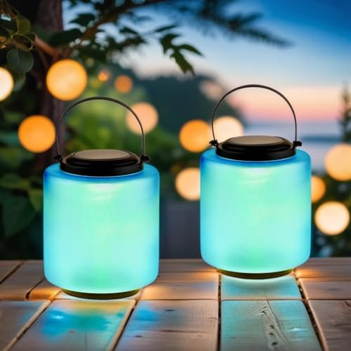 Marrakesch 2er Set Solarlaternen Solarlampen für außen mit Henkel aus Glas 33cm Groß | Vintage Deko Outdoor Solar LED Laterne Wetterfest Erlin Blau IP65 Wasserdicht als Gartendeko im Garten