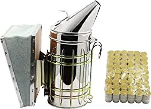 AiggeRVSD Bibikupa rökare rostfritt stål hög med värmesköld biodlingsbikupa verktyg för biodlare starter, inkluderar 1 paket bi-rökpellets