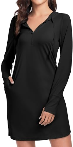 WOWENY Damen Strandkleid Bikini Cover Up Sonnenschutz Strandponcho Sommer Hoodie Mit Pockets und Kapuze Sport Bademode Lightweight Shirt,Schwarz,L