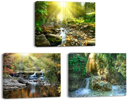PIY PAINTING Set di 3 Stampe su tela di Foresta, Quadro su Tela Cascate, Dipinto su tela, Quadri Moderni, Arte Murale su Tela per Soggiorno Sala yoga Cucina Ufficio, Telaio Interno in Legno 40x30cm