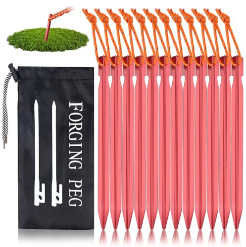 QUTHZZHY Zeltheringe 12 Stück, Heringe Erdnägel Stabil,Zeltheringe Stabiles Aluminium 23CM, Camping Zelthering Tasche, Camping Heringe mit Seil Erdnägel Häringe für Camping Garten, Strand (Rot)