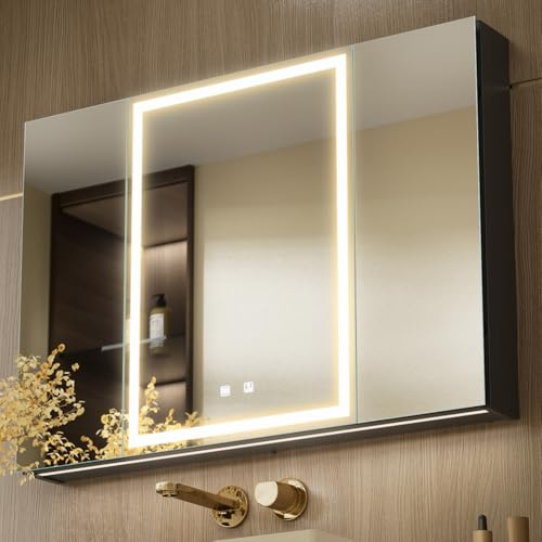 KWW LED éclairage Salle de Bains Armoire à Pharmacie avec Miroir, Température de Couleur réGlable, Anti - Buée, Prise et USB, Armoire à Pharmacie (3 portes-100×70)