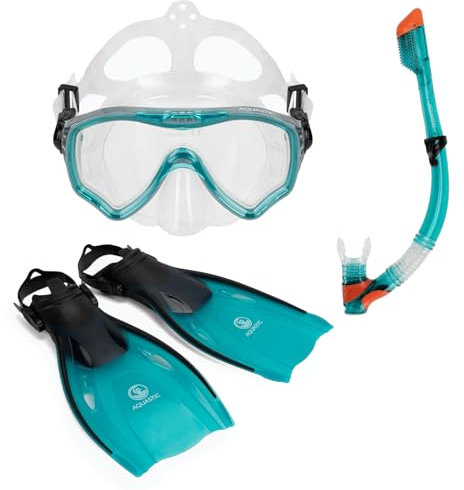 AQUASTIC Jetty 3-in-1 Schnorchelset Erwachsene Taucherbrille Pfeife und Schwimmflossen Größe 38/42 Farbe Hellblau Schnorchelmaske mit gehärtetem Glas Silikon Hypoallergene Maske