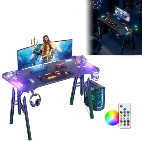 UISEBRT 140 x 60 x 73 cm, M-Frame Gaming Scrivania con LED, scrivania per computer con porta bevande e cuffie, gancio superficie in fibra di carbonio, tavolo ergonomico per camera da letto