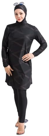 Modest Swimwear for Women, Muslim Swimsuit Beachwear Islamic Full Coverage Burkini Swimming Costume with Hijab (UK, Alpha, M, Regular, Regular, Black Diamond)