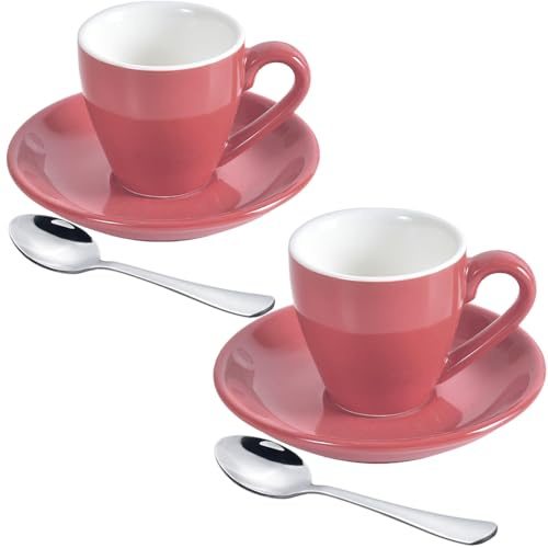 ionEgg Porcelain Espresso Cup with Saucer And Stainless Steel mini Spoons, Espresso shot Cup, 80ml/2.7Oz, Pack of 2, Pink