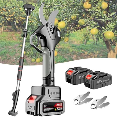 moupeaktain Sécateur électrique sans Fil, 2 Batteries De 4.5Ah, Perche De 1.3-2.1M, Affichage Numérique, Moteur sans Balais, Taille-Haie De 50mm pour Oliviers, Arbustes Et Branches Fruitières