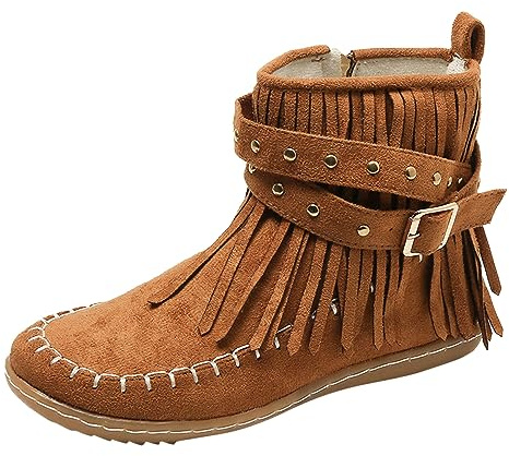 Botines para mujer, estilo casual, estilo liso, con flecos, cómodos, planos, cilíndricos medios, redondos, tallas grandes, botines occidentales, marrón, 41 EU
