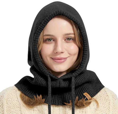 ACUSHLA 100% Merino Wool Balaclava for Women & Men Winter Warm Knit Hooded Scarf Hoodie Hat and Scarf Set in One, Black