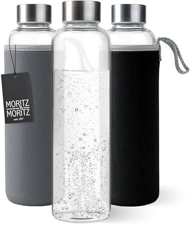 Moritz & Moritz Borraccia in vetro da 500 ml, adatta per anidride carbonica e a prova di perdite, bottiglia di vetro per sport, scuola, università o lavoro, con rivestimento protettivo reversibile in